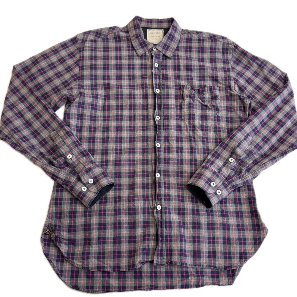 Billy Reid Shirt Mens Medium Gray Pink Plaid Button Down Preppy Designer Luxury - Picture 2 of 8